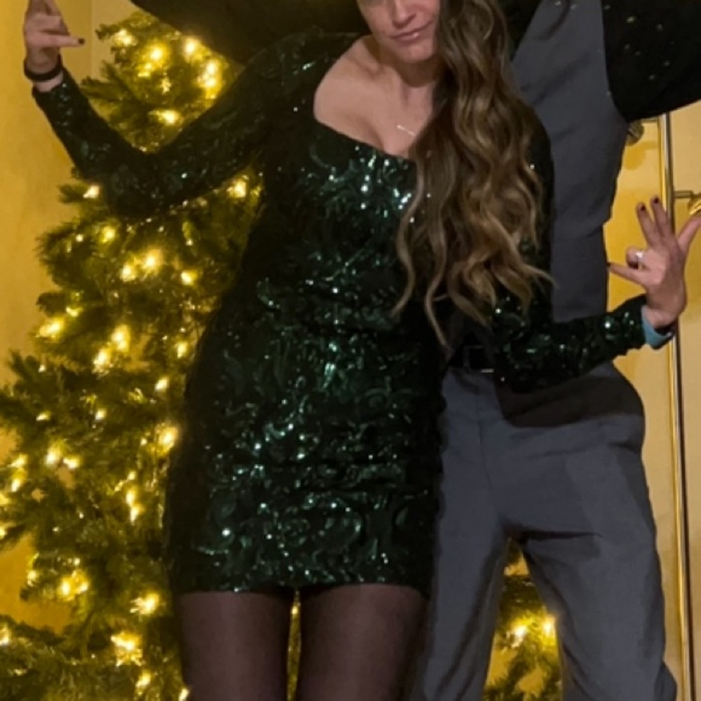 Windsor Square Neck Black and Green Sequins BodyCon Mini Dress